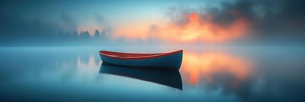 A tranquil boat rests on still water as dawn breaks, reflecting colorful skies and soft mist photo
