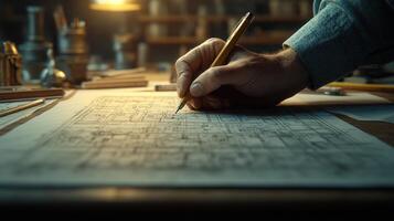 A hand expertly sketches detailed architectural plans on paper surrounded by tools in a workshop photo