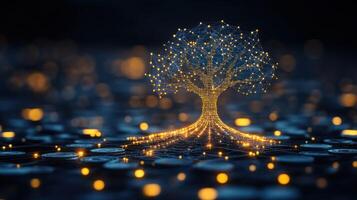 Glowing tree structure made of nodes is illuminated above a scattering of coins in low light photo