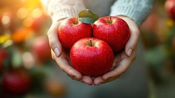 Hands cradling three bright red apples with a green leaf, surrounded by lush apple trees in autumn photo