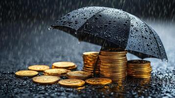 An umbrella shields stacks of coins from falling rain droplets on a wet surface photo