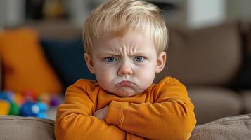 Young child displays an unhappy expression while resting on a couch in a cozy living room photo
