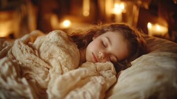 A child rests soundly, surrounded by soft blankets and the gentle glow of candles in a serene setting photo