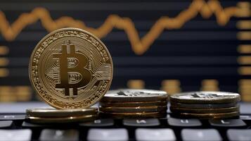 Multiple bitcoin coins are displayed with a background of a digital chart tracking market trends photo