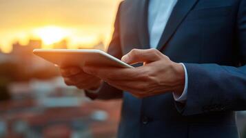 Individual in suit interacts with tablet as sun sets behind urban landscape photo