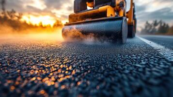 Heavy machinery lays fresh asphalt on a highway as the sun sets behind trees, creating a misty atmosphere photo