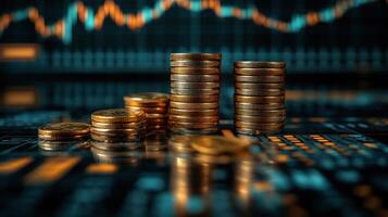 Stacks of coins are arranged on a digital interface displaying market trends and analytics photo