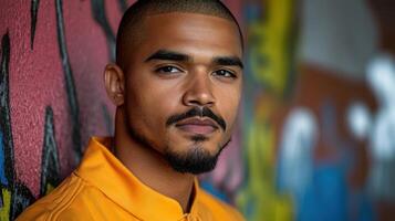 A man in a bright orange outfit stands with a serious expression against vibrant street art photo