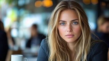 Woman gazes thoughtfully while seated at a cafe during daylight, surrounded by a bustling atmosphere photo