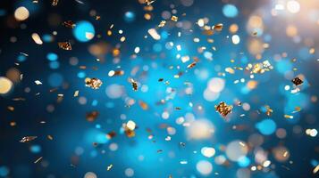 Confetti fills the air, sparkling against a vibrant blue background, creating a festive atmosphere photo