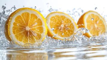 Fresh lemon halves splash water in a dynamic display, showcasing their vibrant yellow color and juiciness photo