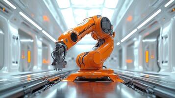 A robotic arm performs precise tasks on an assembly line in a futuristic manufacturing facility photo