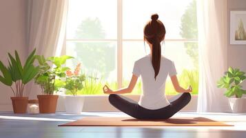 A person meditates on a yoga mat surrounded by greenery and sunlight in a serene indoor space photo