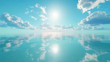 Bright sunlight reflects off tranquil ocean waters, with fluffy clouds creating a picturesque sky photo