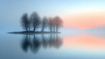 Soft morning light and fog create a serene atmosphere around reflective trees on a calm lake photo
