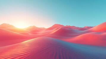Sunrise colors illuminate the soft dunes of a vast desert, casting a peaceful atmosphere over the terrain photo