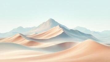 Expansive sand dunes flow gently across a tranquil desert, framed by subtle mountain silhouettes photo