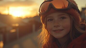 A young child with ski goggles smiles as the sun sets in the background, creating a warm atmosphere photo
