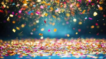 Confetti in various colors cascades down onto a shimmering surface, creating a festive atmosphere photo