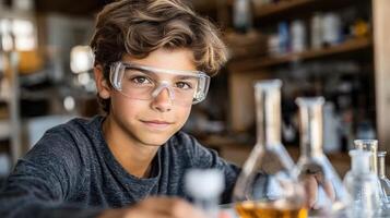 A young boy in safety goggles focuses on experiments surrounded by glassware in a lab photo