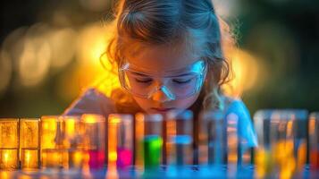 Child engaged in hands on science activities with vibrant liquids in test tubes during evening light photo