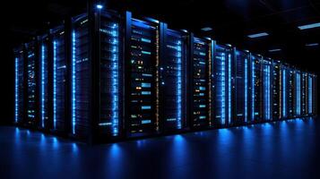 Bright blue lights illuminate rows of server racks in a high tech data center environment photo