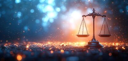 A beautifully crafted set of balanced scales representing justice stands amidst a blurred, colorful backdrop photo
