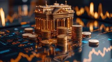 A small golden bank model is surrounded by coins on a computer screen showing financial data photo