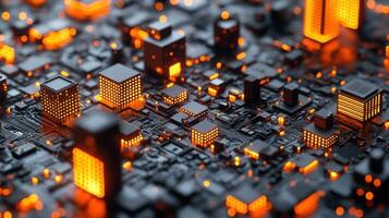An intricate circuit board is illuminated with orange lights, highlighting the advanced technology in use photo