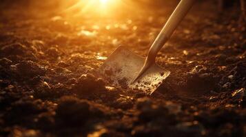 A shovel digs into dark soil as the sun sets, casting warm light over the earth in a tranquil atmosphere photo