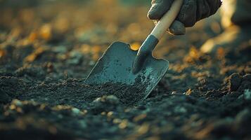 A hand gripping a shovel digs into fertile soil beneath a warm and glowing morning light during spring photo