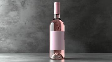 A sleek rose wine bottle with a blank label stands on a dark textured surface, exuding minimalism photo
