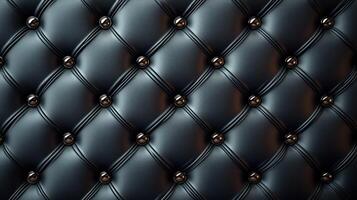 This textured black leather features a quilted pattern with shiny decorative buttons, ideal for upholstery photo