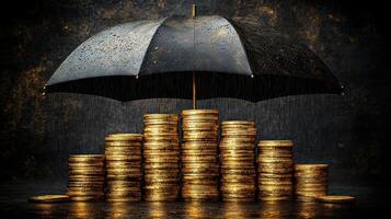 Stacks of gold coins are sheltered under an umbrella while rain falls, symbolizing financial protection photo