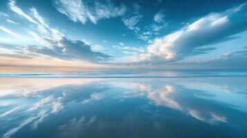 Soft pastel colors reflect on calm water as clouds drift peacefully at twilight by the ocean photo