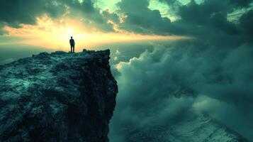 Individual gazes at a stunning sunset while standing atop a rocky cliff surrounded by clouds photo