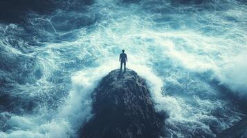 Individual stands on a rock as powerful waves crash around, creating a dramatic seaside view at dusk photo