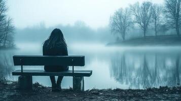 A woman calmly sits on a bench facing a misty lake, surrounded by tall trees in the stillness of dawn photo