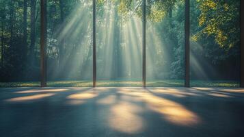 Sunlight filters through large windows, illuminating a peaceful forest space filled with greenery photo