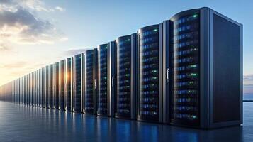 Rows of advanced data storage units are glowing in the soft light of sunset at a technology facility photo