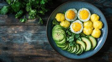 Brightly arranged brunch features sliced cucumber, avocado, and seasoned boiled eggs on a wooden table photo