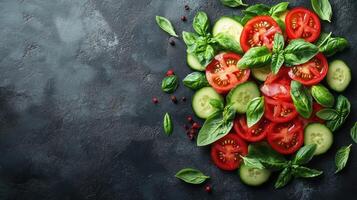 Sliced tomatoes, cucumbers, and fresh basil create a colorful and appetizing arrangement photo