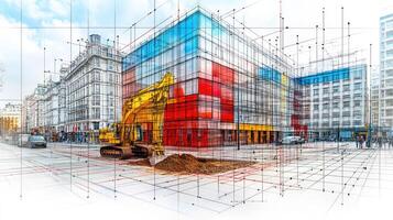 Heavy machinery digs into the ground at a construction site surrounded by colorful buildings in an urban area photo