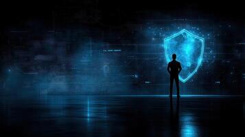 A person stands in shadow before a luminous shield, representing themes of digital security and protection photo