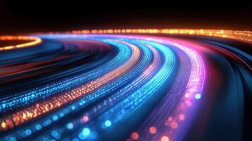 Bright light trails swirl and dance against a dark backdrop, creating a dynamic visual experience photo