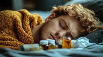 Man asleep on bed covered with blanket, with medicine bottles and tissues nearby, portraying exhaustion photo