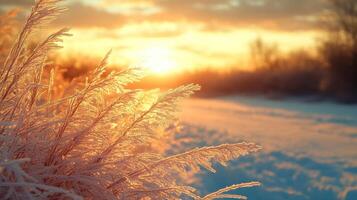 Frosty grass reflects warm light from the setting sun on a cold winter evening photo