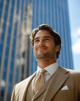 Businessman stands in an urban setting, smiling confidently while dressed in a stylish suit photo