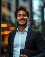 Man wearing a suit stands proudly in a contemporary workspace, exuding confidence and professionalism photo