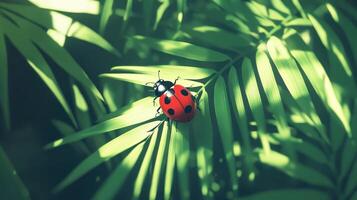 A vibrant ladybug explores lush green leaves under warm sunlight in a tropical setting photo